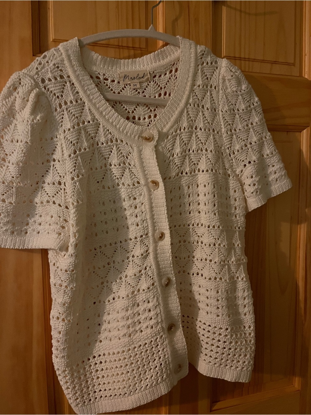 Marled Ivory Openwork Knit Short-Sleeve Cardigan